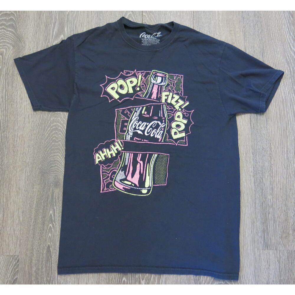 COCA COLA Pop Fizz Ahhh T Shirt Size M Retro Vintage Black Coke Bottle